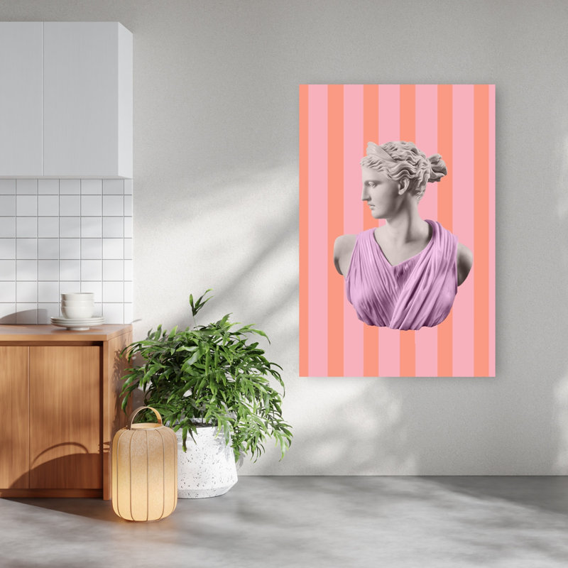 Modern Goddess Pink Stripes Classic Contemporary Elegant Portrait Architecture Wall Art Print 1 Piece Wrapped Canvas Wall Art