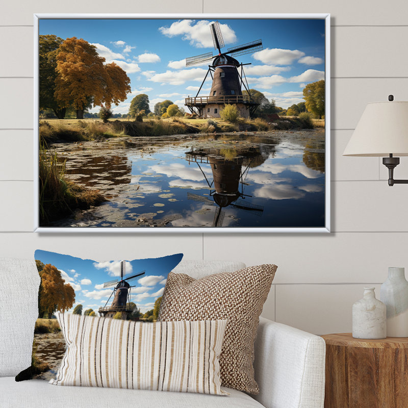 «Holland Windmill Reflections II», reproduction sur toile, H 16 po x l 32 po x P 1 po, Cadre flottant blanc