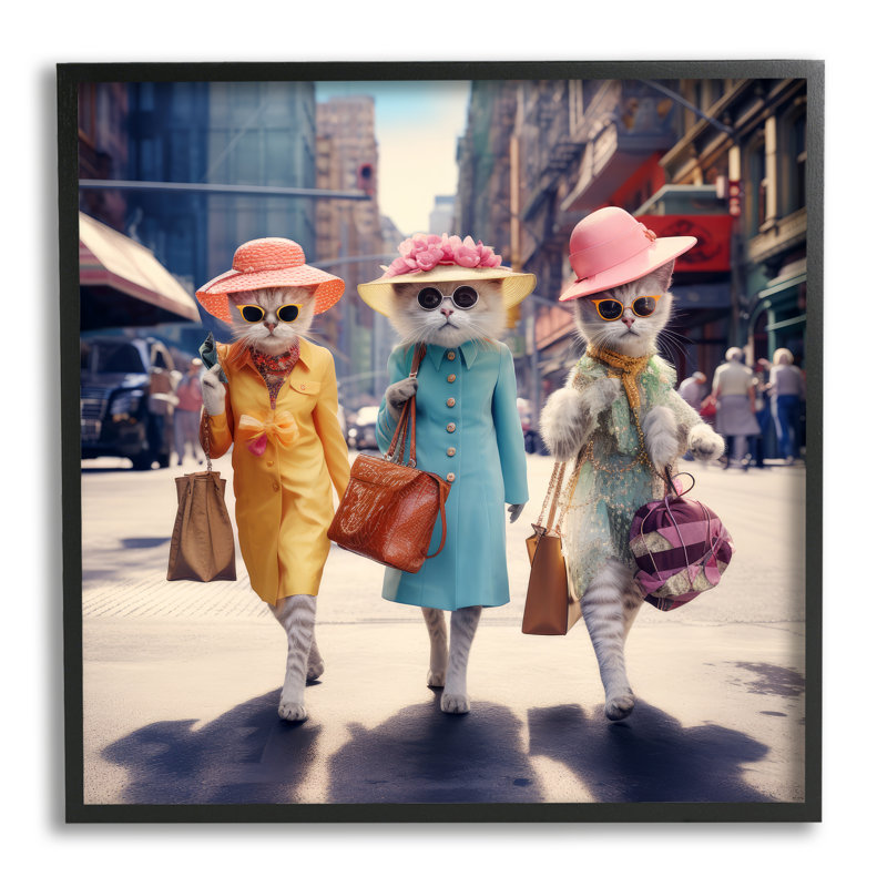 Az-195-Wood " Trendy Cat Trio " by Ray Powers, 12" H x 12" W, Midnight Black Framed Giclee