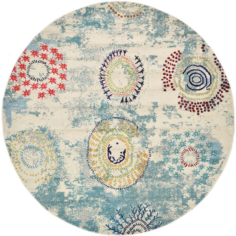 Tapis décoratif géométrique bleu Estelle, Rond 8 pi