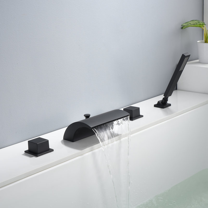 SUMERAIN High Flow Waterfall Double Knob Handle Roman Tub Faucet with Diverter and Hand Shower, Matte Black, Matte Black