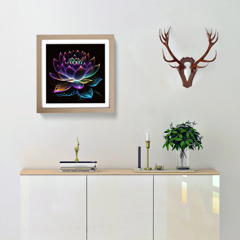 Lotus Flower Neon Art No.1 - Framed Print, Oak