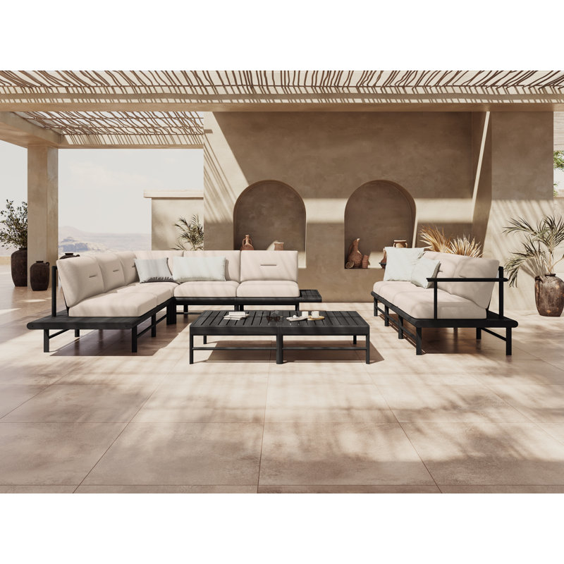 245cm Wide Wood Patio Sectional with Cushions, Light Beige