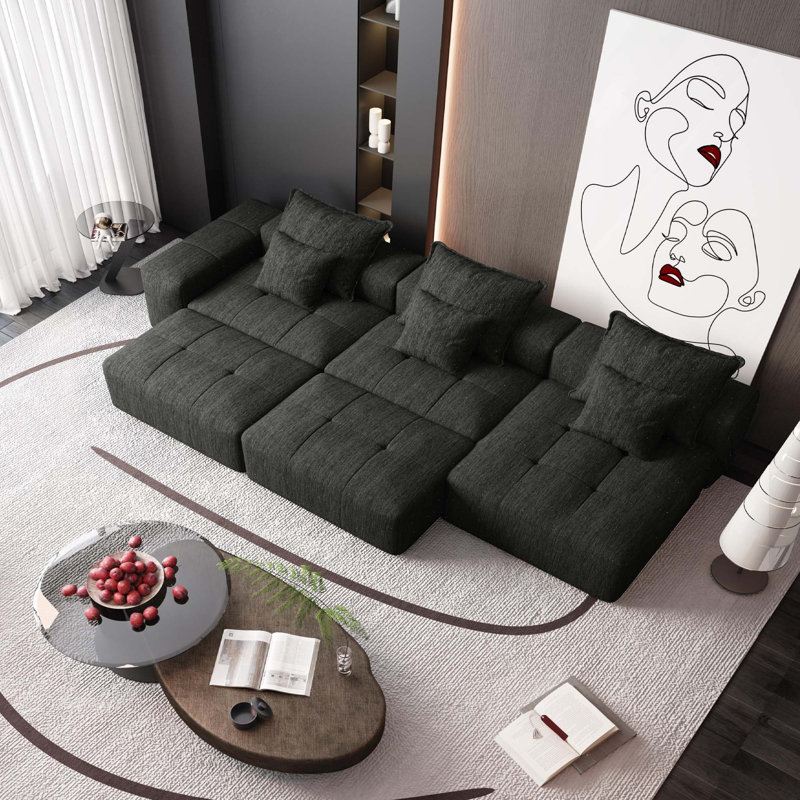 Canapé modulaire Boneless Modern 6 pièces avec 6 coussins pour une combinaison polyvalente et un salon confortable, Noir
