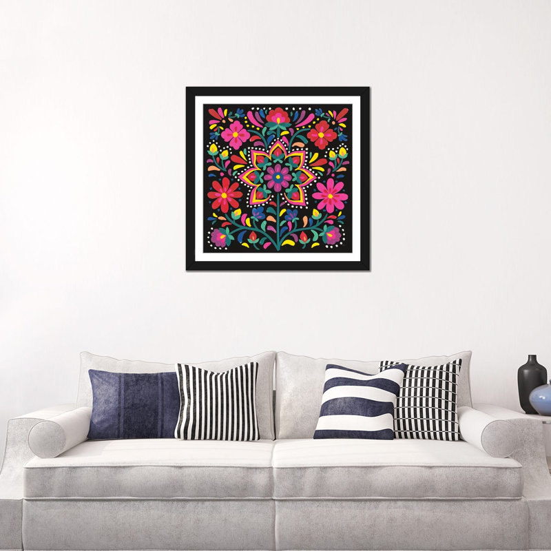 « floral fiesta iii », impression sur toile, H 18 po x l 18 po x P 1,5 po, Papier d'art encadré noir, Blanc