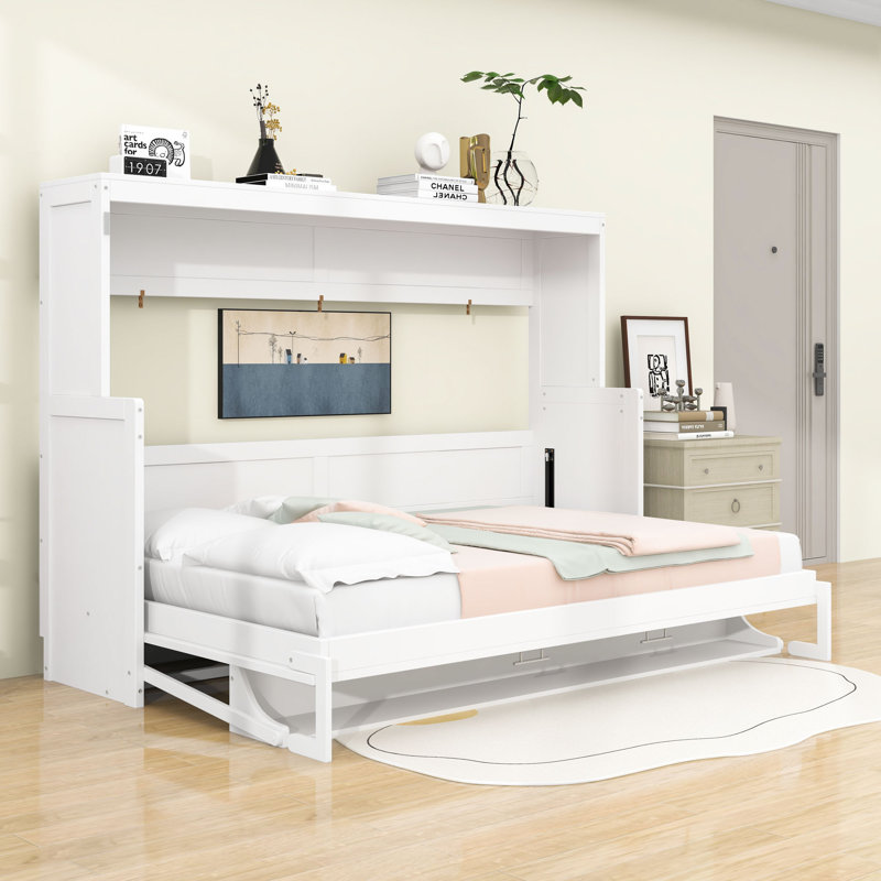 Lit escamotable mural avec tablettes, Double, Blanc