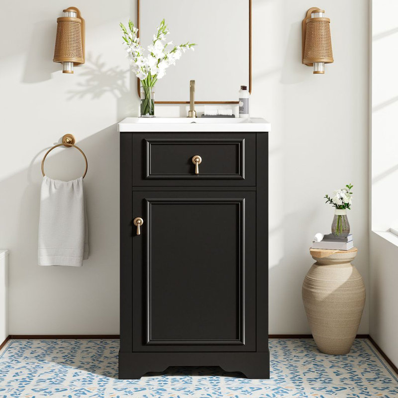 Meuble-lavabo simple autoportant de 20 po avec lavabo en céramique et porte à fermeture en douceur, Noir/or