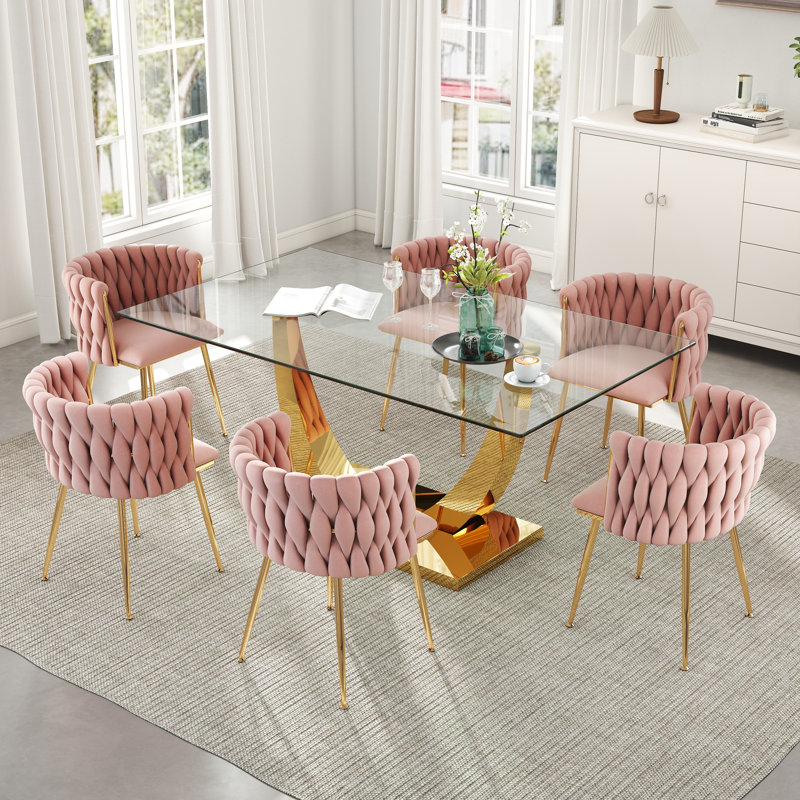 Ensemble de salle à manger rectangulaire à piédestal avec chaise tissée, H 29,5 po x L 63 po x l 35,4 po - or, Rose, Doré