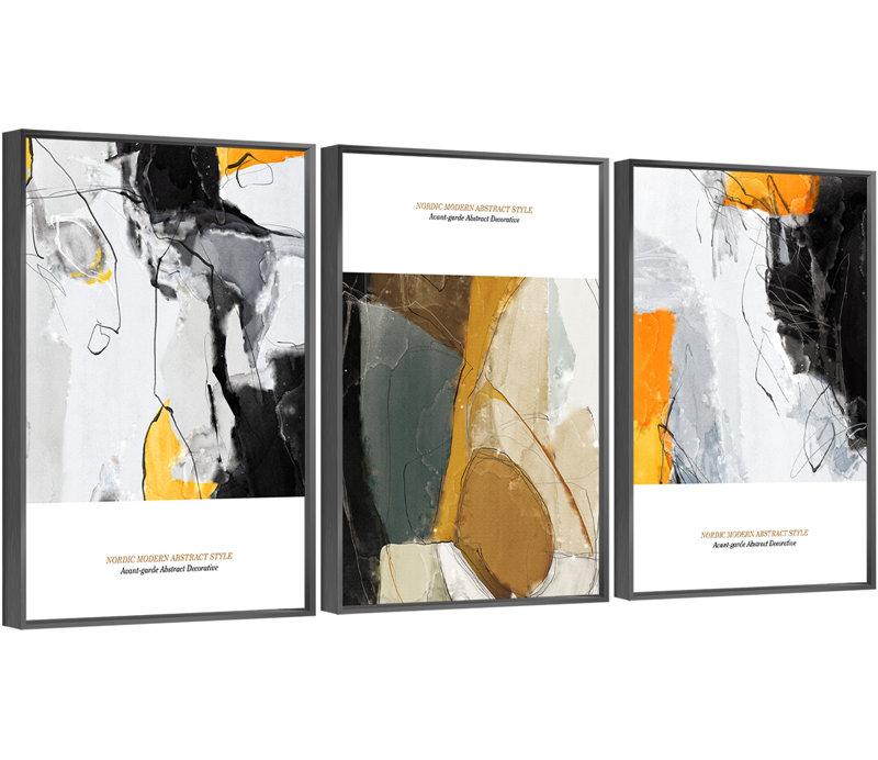 Abstrait aluminium encadré, ensemble de 3 reproductions d'art encadrées sur toile, H 24,3 po x l 48,3 po x P 1,65 po