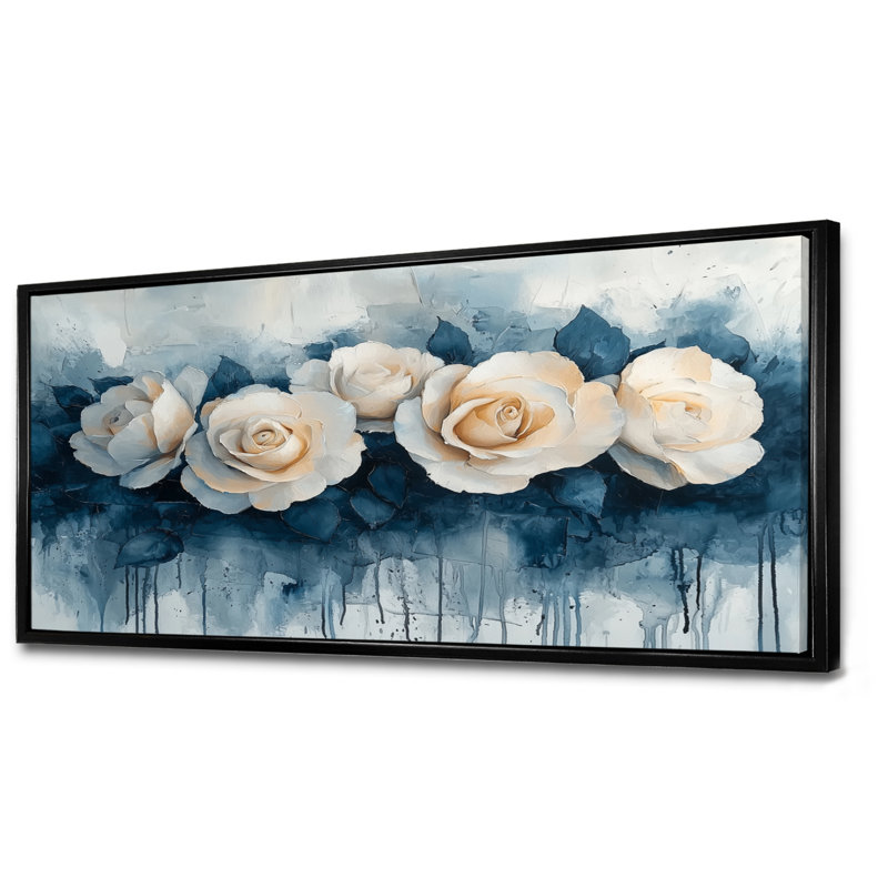 Elegant Aqua Winter Roses Elegance - Roses, art mural, H 28 po x l 60 po, Impression encadrée flottante, Noir