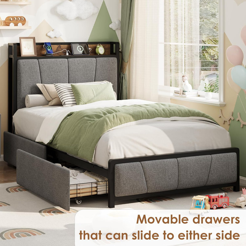 Twin XL Upholstered Bed Frame with 2 Drawers & Charging Station, Grey, Twin XL
