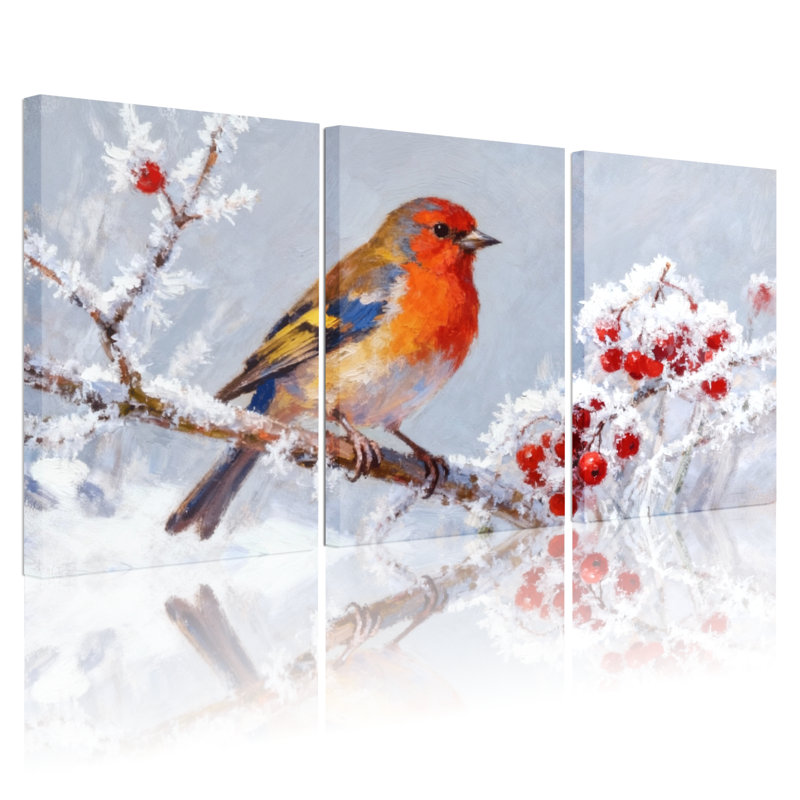 Oiseaux, oiseaux d'hiver sur une branche enneigée avec baies, ensemble de 3 impressions sur toile, H 24 po x l 48 po
