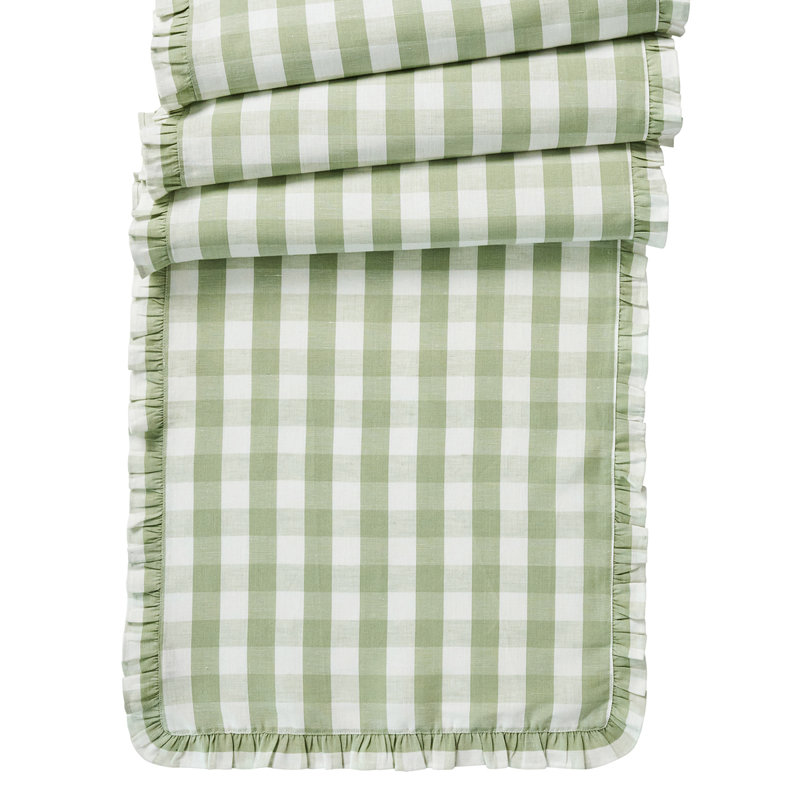 Gingham Ruffle 18" x 90" Table Runner, Seagrass, 90" L x 18" W
