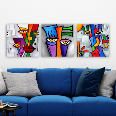 Superbe ensemble de 3 toiles décoratives sur toile - «visages» par Thomas C. Fedro, 11,8 po x 11,8 po chacune | 100% toile, cadre 100% bois (épaisseur: 1,2 po) | Art mural parfait pour la décoration de salon et de bureau