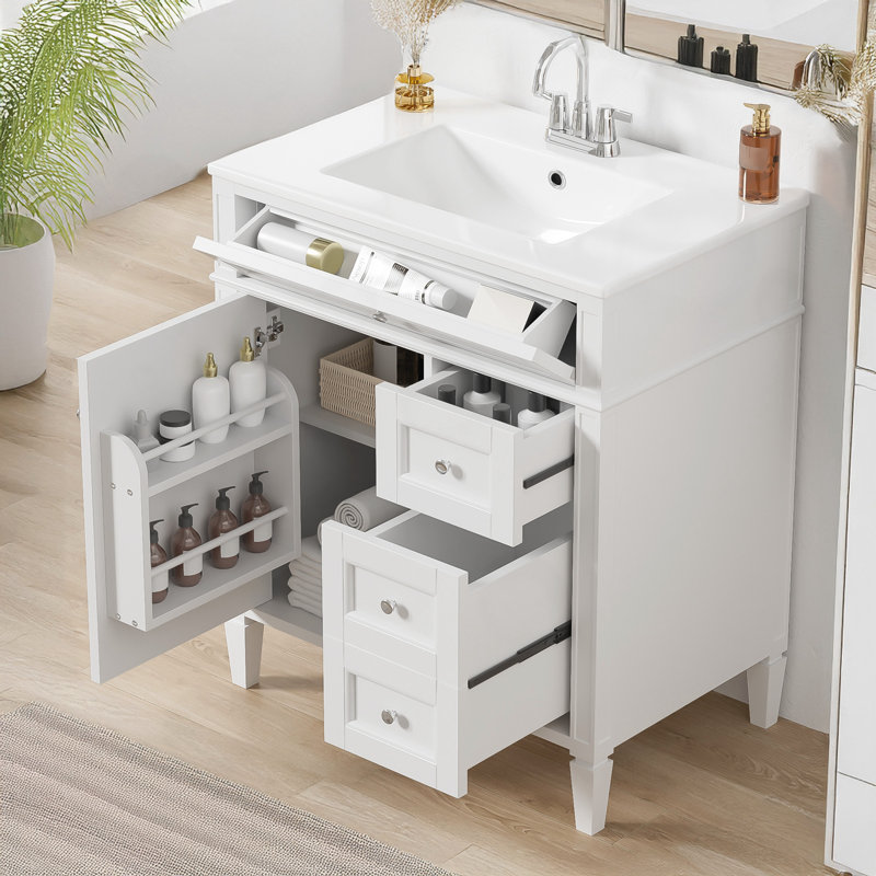 Ensemble de meuble-lavabo avec lavabo et 3 tiroirs de rangement, Blanc / argenté