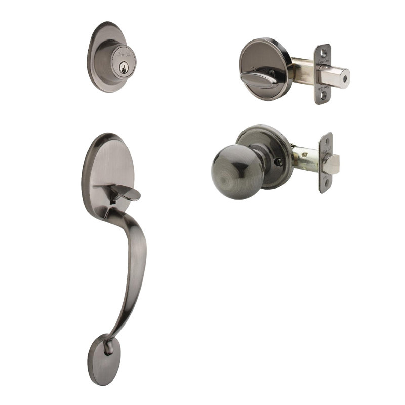 Jeu poignées en cuivre creek avec verrou et bouton de porte et rosette colonial à cylindre simple, Nickel antique
