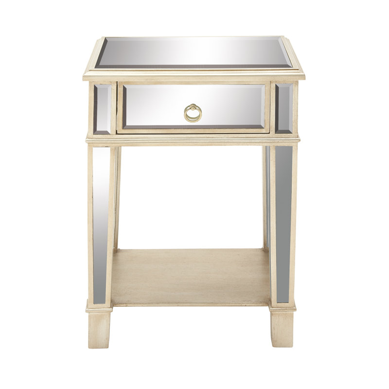Beige Mirrored Fir Wood Accent Table with Storage