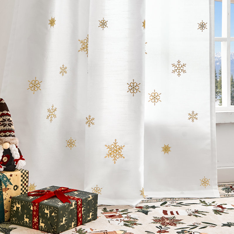 Rideaux de Noël flocons de neige brodés, rideaux blancs, L 50 po x L 63 po, Doré / Blanc