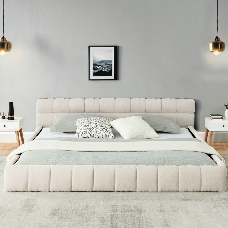 Très grand cadre de lit très grand avec tissu épais beige, tête de lit, lit plateforme, sans sommier, style moderne et relaxant