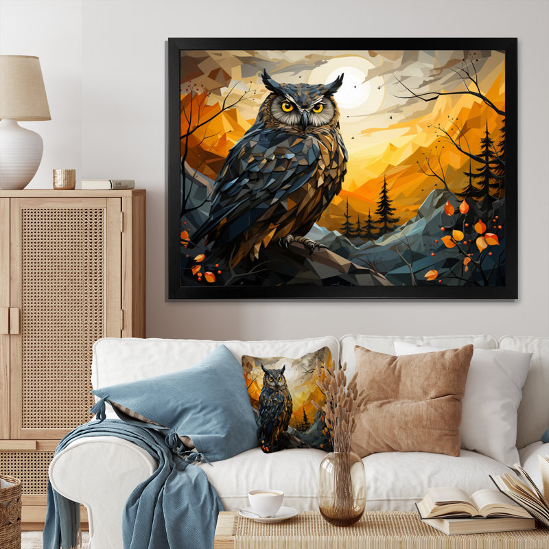 Yellow Owl Nights Watch, impression géométrique sur toile, H 12 po x l 20 po x P 1 po, Cadre photo noir