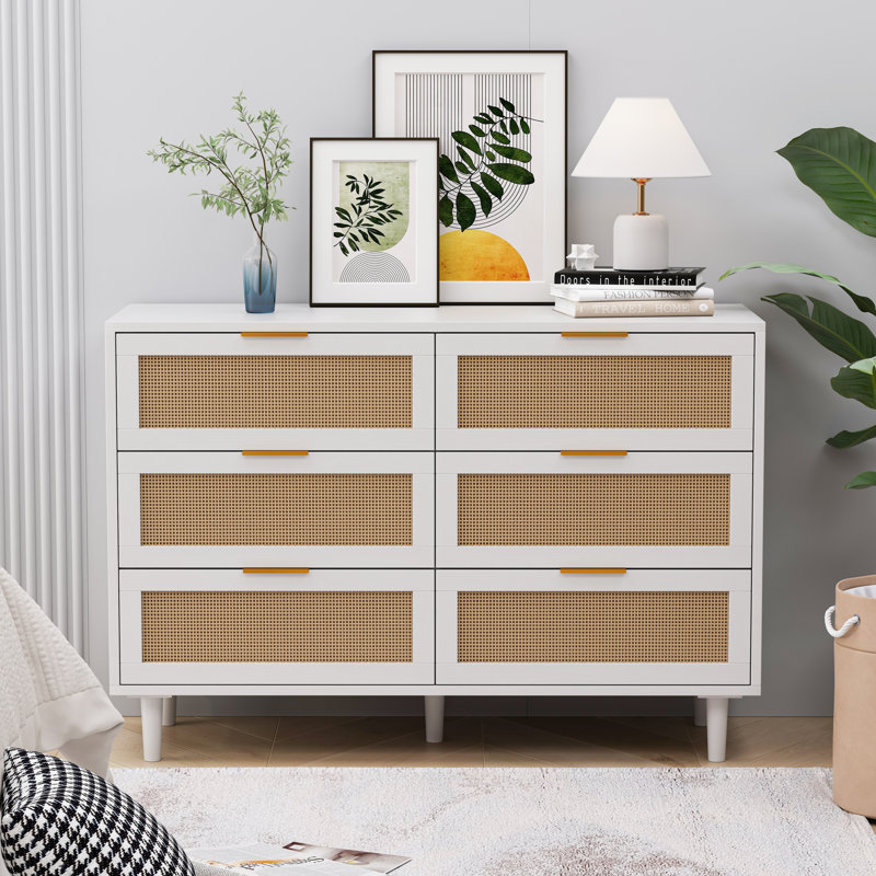 43,31 po, armoire de rangement à 6 tiroirs en rotin, pour chambre à coucher, salon, blanc