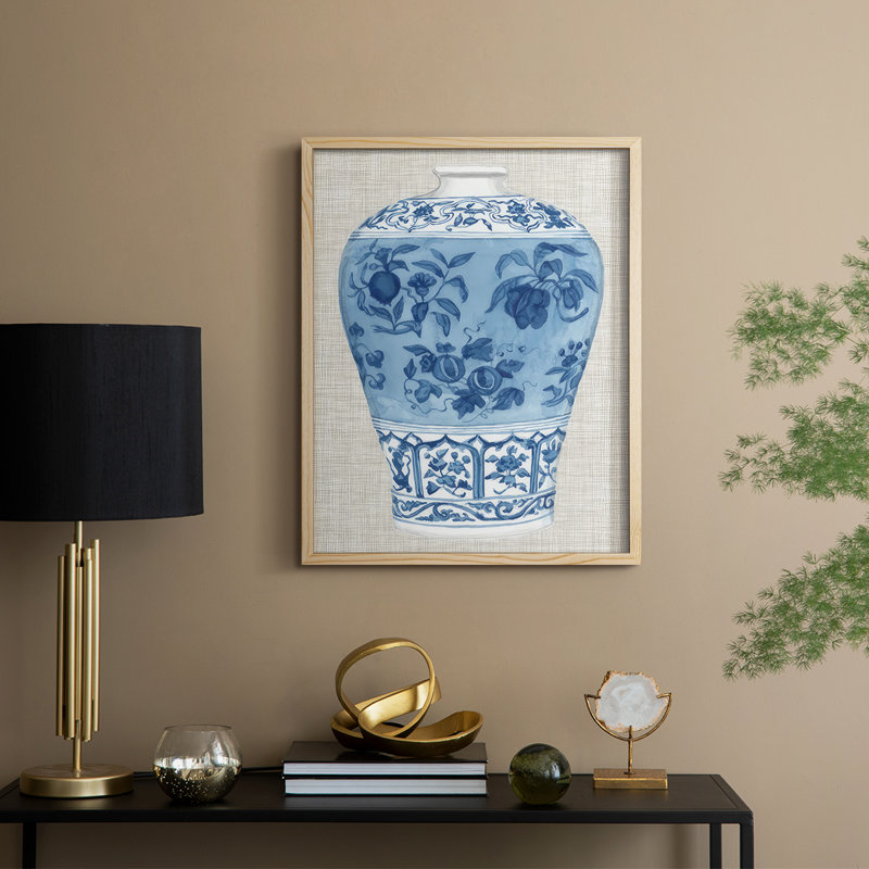 «Ming Vase on Linen II», reproduction encadrée - bois massif, Naturel, H 15 po x l 12 po