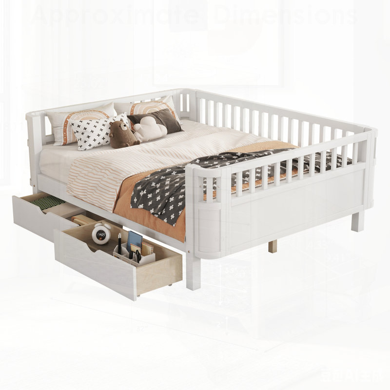 Lit plateforme en bois pour enfants, lit double à profil bas avec rails de sécurité et fabrication durable, Double, Blanc