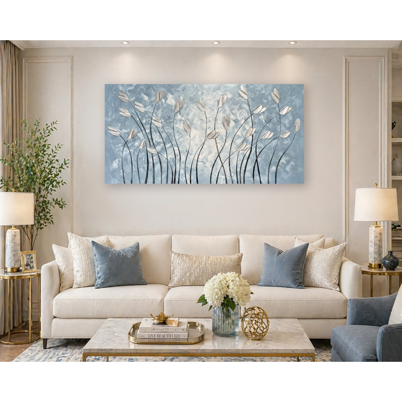 Textured Abstract Botanical Canvas Wall Art with Silver Leaves, Hand Painted Acrylic Blue Neutral Modern Wall Décor