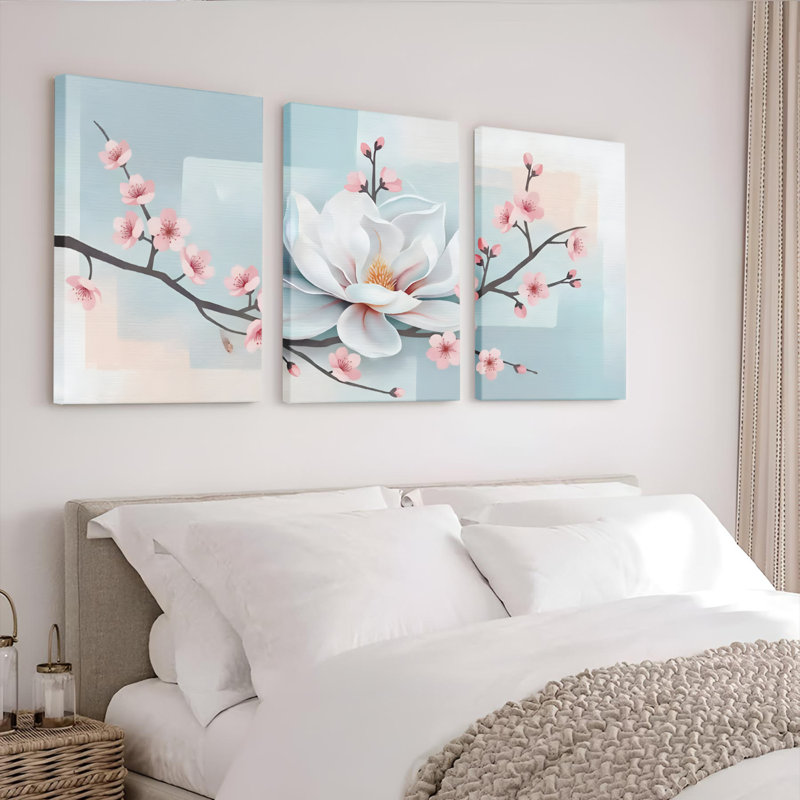 Fleur de cerisier et magnolia, art mural sur toile, reproduction de peinture à l'huile (ensemble de 3), H 36 po x l 72 po
