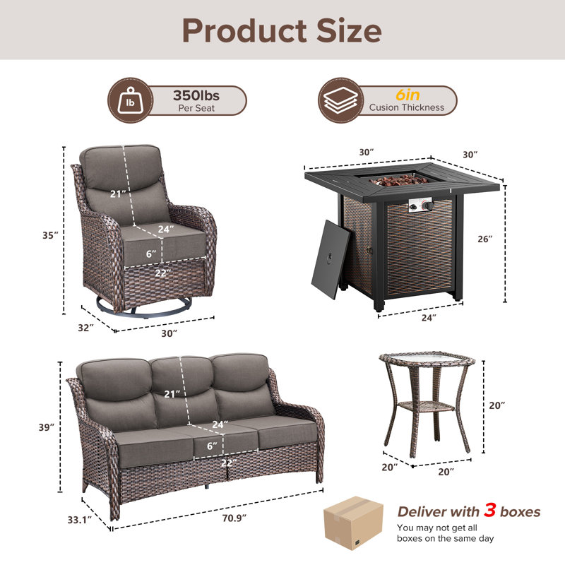 Wicker 7 - Person Patio Conversation Set with Cushions, Gris, Brun