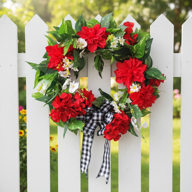 Couronne de géranium rouge, décoration de couronne de fleurs, guirlandes décoratives, décoration murale porte de printemps, 40 cm / 15,74 po, boîte