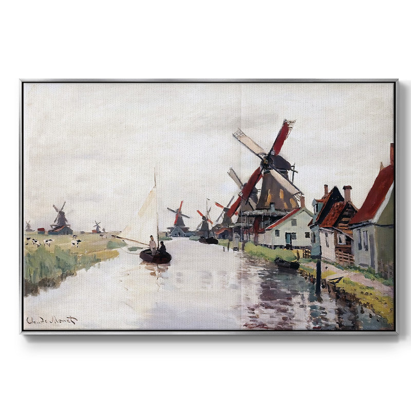 Moulins à vent aux Pays-Bas, 1871, H 17 po x l 25 po x P 2 po, Toile avec cadre argenté