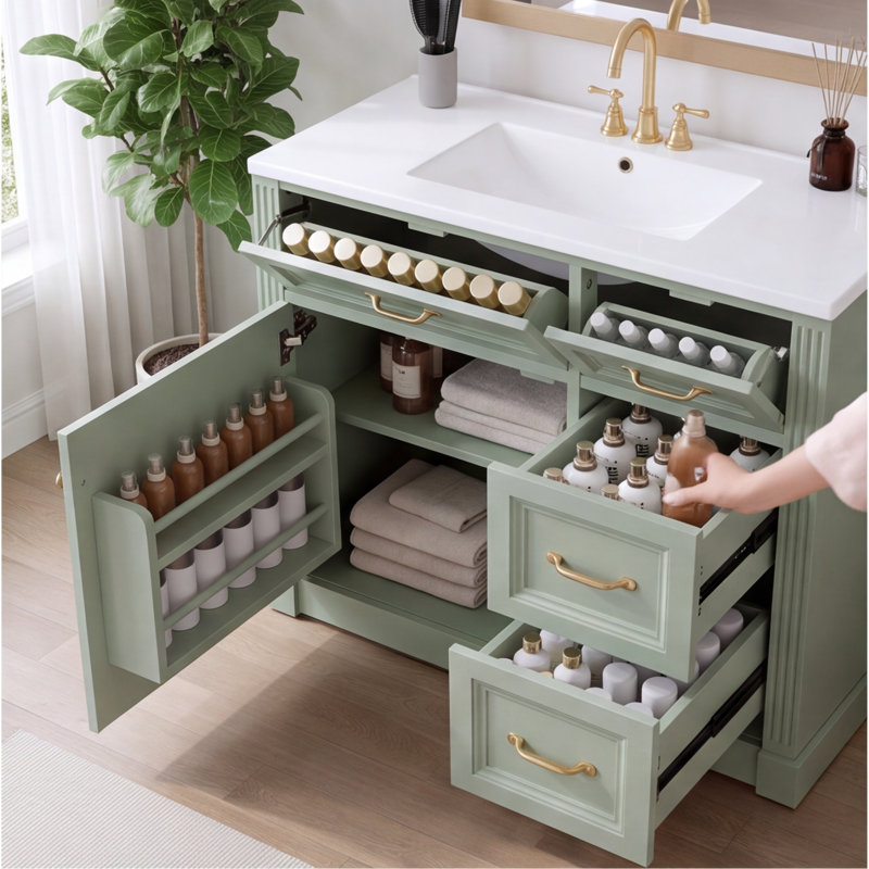 Meuble-lavabo moderne 36 po avec lavabo en céramique, 4 tiroirs, armoire à fermeture douce, finition verte