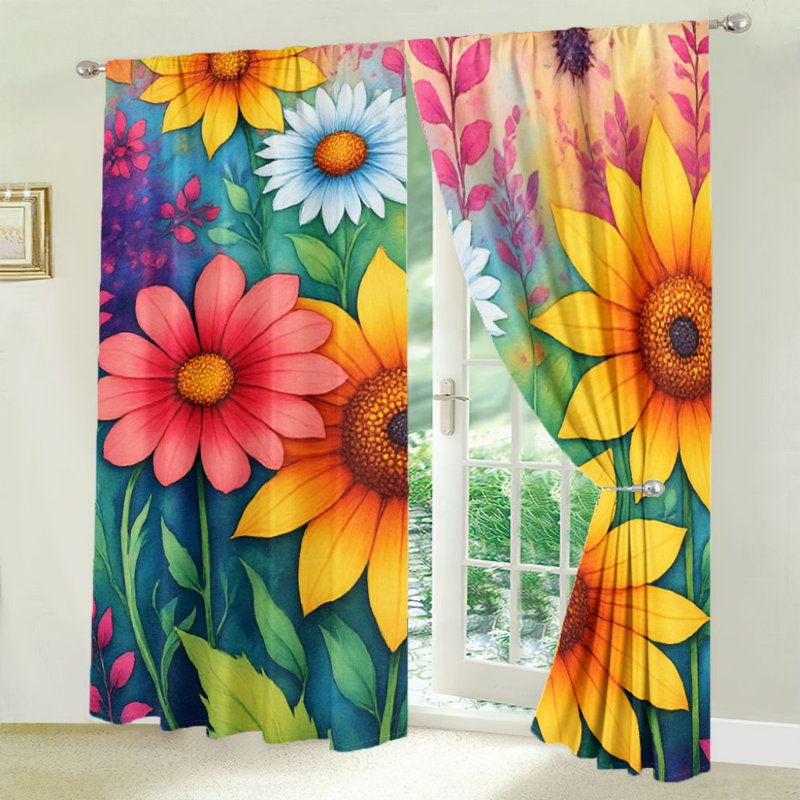 2Pcs rideaux à imprimé floral, rideau de décoration de ferme moderne à motif de fleurs colorées pour le salon chambre à coucher