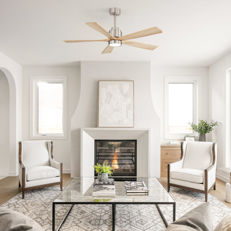 Ventilateur de plafond en bois massif Whisper avec télécommande et moteur à courant continu silencieux, nickel sable et beige