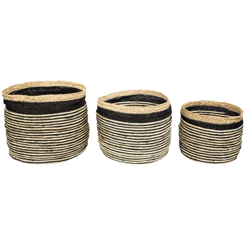 Set Of 3 Tan And Black Striped Seagrass Storage Baskets With Braided Trim 17"