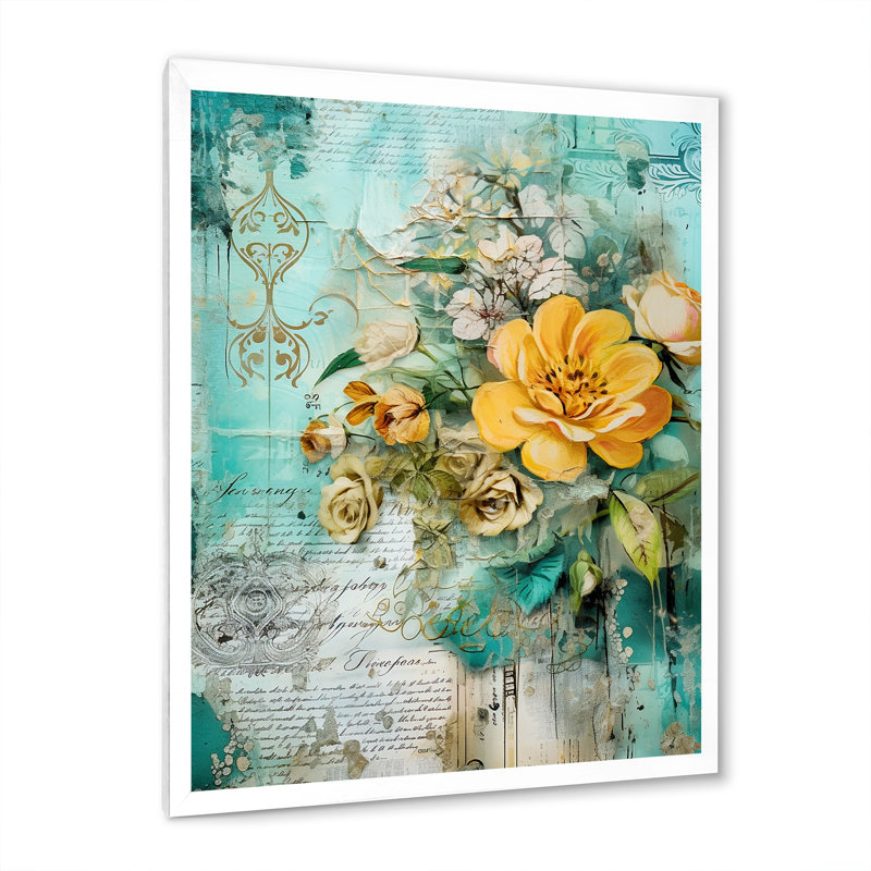 «Blossoming Yellow Rose On», art rétro, Cadre photo blanc, H 32 po x l 16 po x P 1 po