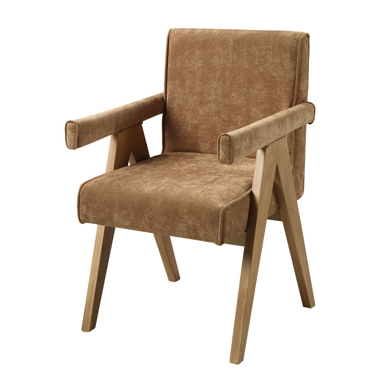 Chaise avec accoudoirs en chenille et chêne chocolat (ensemble de 2)