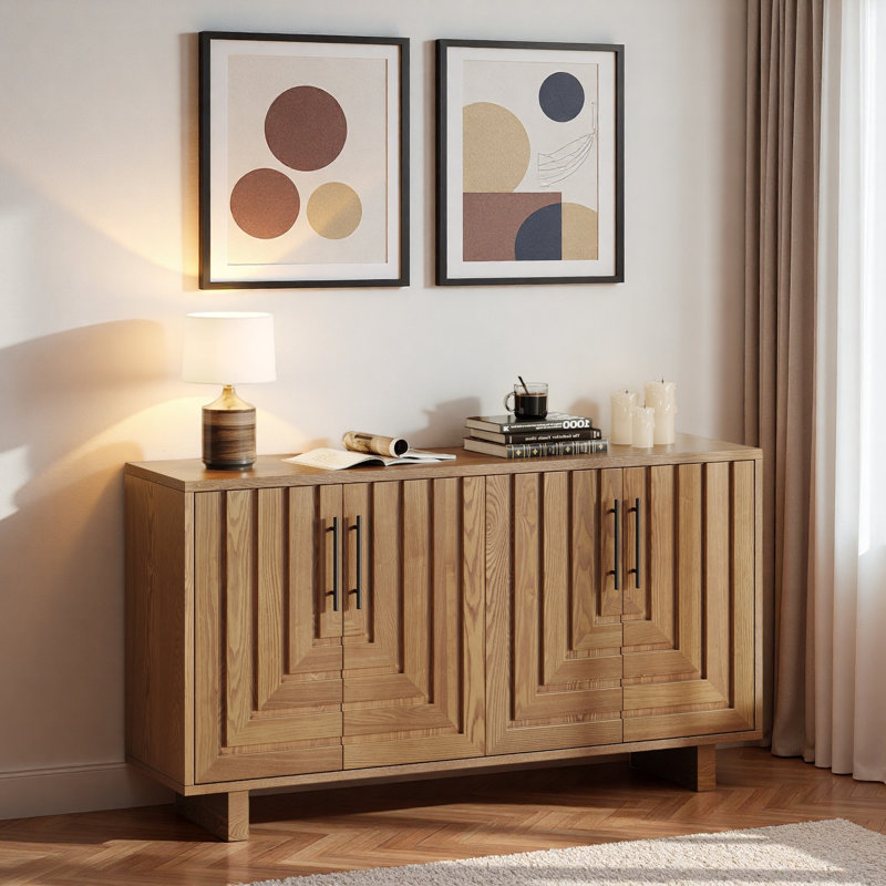 Modern Sideboard With Metal Handles And Geometric Line, Natural