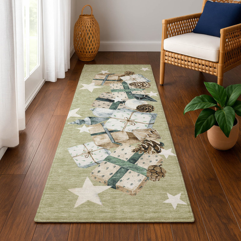 Premium Machine Washable Castillon AMF1825 Stars and Presents Holiday Rug, Runner 2'3" x 7'6"