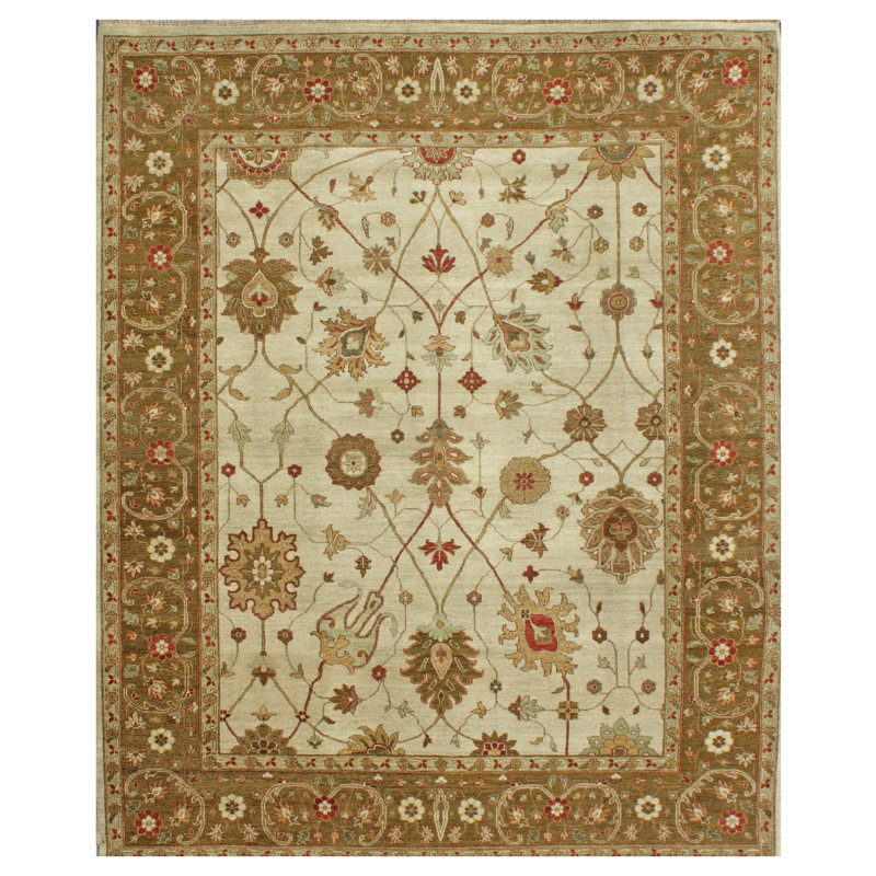 Tapis zone en laine beige/vert foncé 8 pi x 10 pi à la main one-of-kind noué la Jame