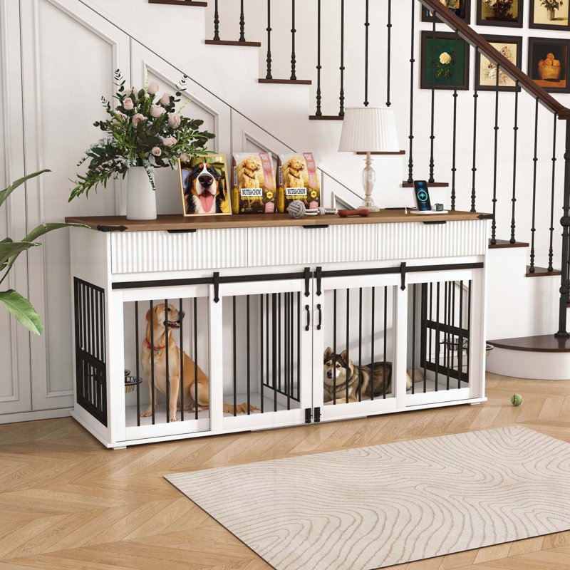 Meuble double cage pour chien avec 3 tiroirs cannelés, Blanc/noyer