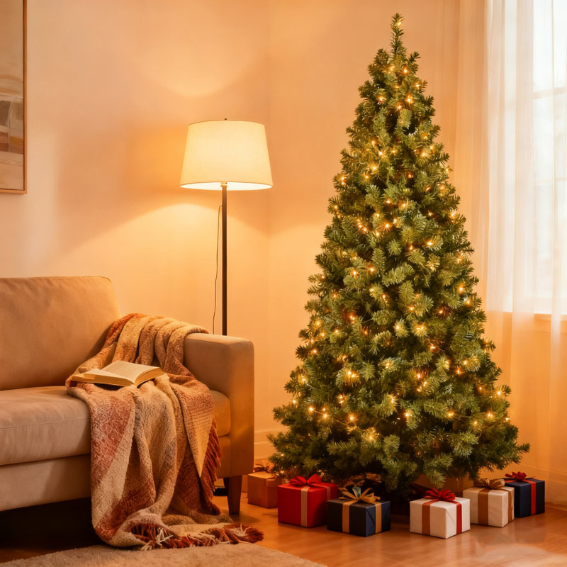 Arbre de Noël pré-éclairé, arbre de Noël artificiel haut de gamme avec lumières et branches en PVC, arbre de Noël à charnières pré-éclairé avec base en métal pour les fêtes, les fêtes et la décoration intérieure