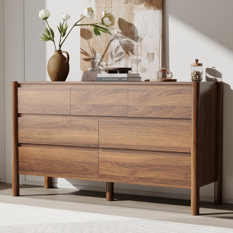 Commode 7 tiroirs l 51,1 po, commode en bois pour chambre à coucher, salon, noyer, Noyer