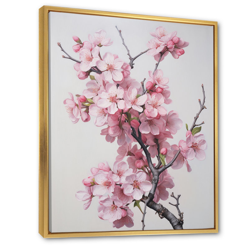 Fleur de pommier élégance monochromatique sur toile, H 32 po x l 16 po, Cadre flottant doré