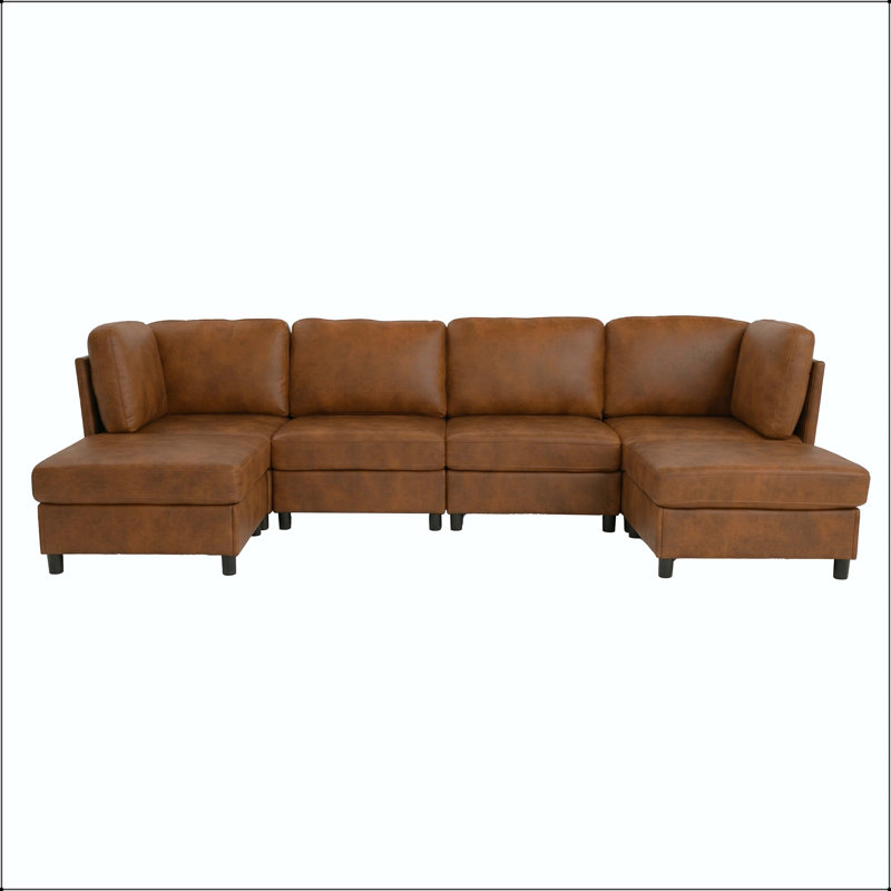 Canapé d'angle moderne avec repose-pieds convertible et pieds en plastique, L 124 po, Similicuir brun clair