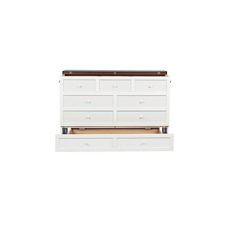 Armoire lit escamotable avec tiroir de rangement et station de charge Murphy, Grand, Blanc / noyer