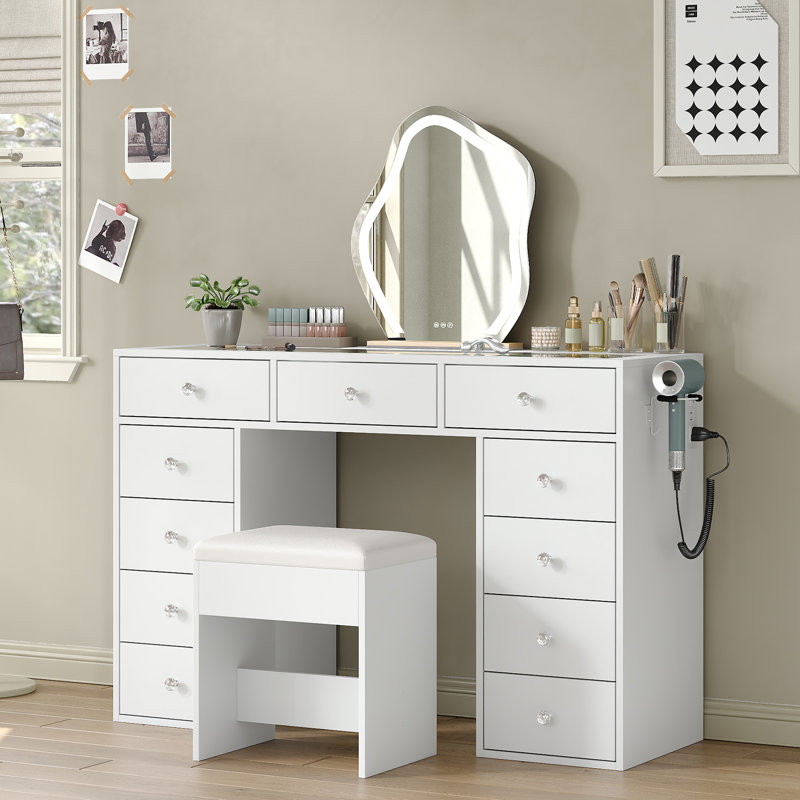 Vanity Desk Without Mirror, Makeup Vanity With 11 Drawers And Charging Station, White Vanity With Storage For Bedroom, Home Office Computer Desk For Bedroom