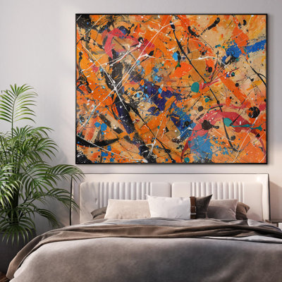 «Vibrant Abstract Splatter Art in Orange and Blue Home Decor», très grand imprimé mural encadré (assemblage requis)