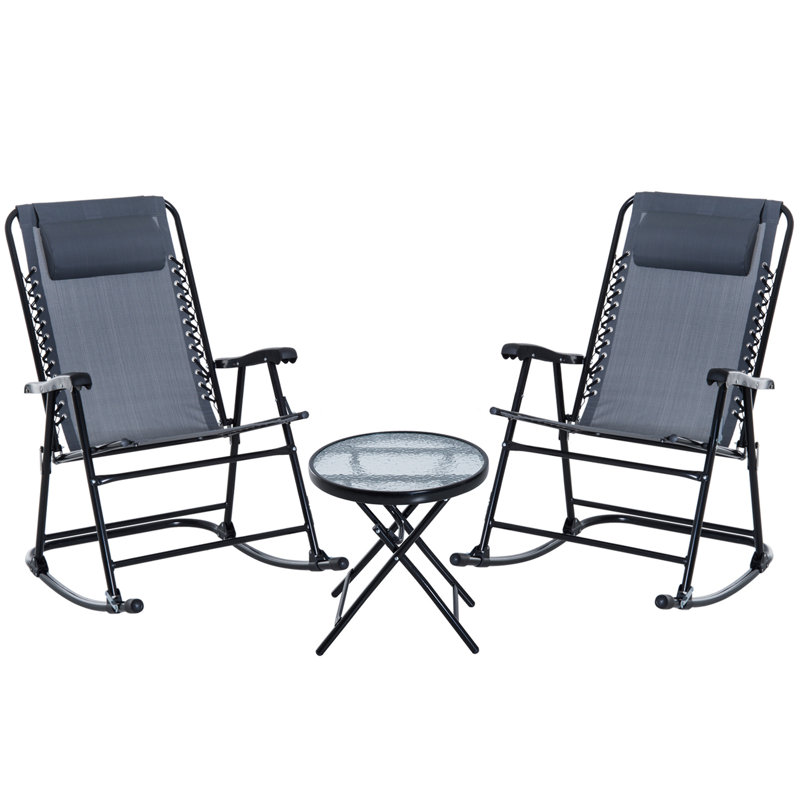 Ensemble bistro 3 pièces avec chaise berçante d'extérieur et table basse pliante avec table basse en verre, Gris